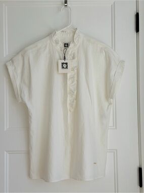 Anne Klein Ivory Short Sleeve Ruffle-Trim Blouse